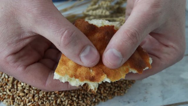 Man`s hand breaking off a piece of bread with the wheat seeds on the background. Closeup