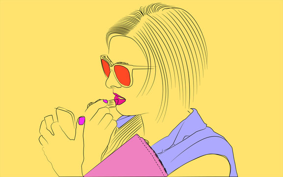 woman applying lipstick, red sunglasses, yellow background clip art preview