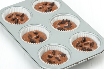 Chocolate Muffin Cooking Process. Liquid Dough In Baking Tray.