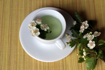 Tee aus Weißdornblüten und Weißdornblättern, Kräutertee, Alternativmedizin, traditionelle Kräutermedizin,