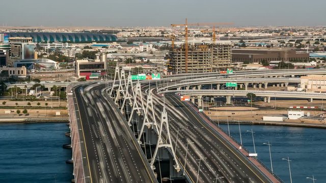 Business bay crossing bridge timelapse, 13-lane-bridge, over the Dubai Creek, opened in March 2007.