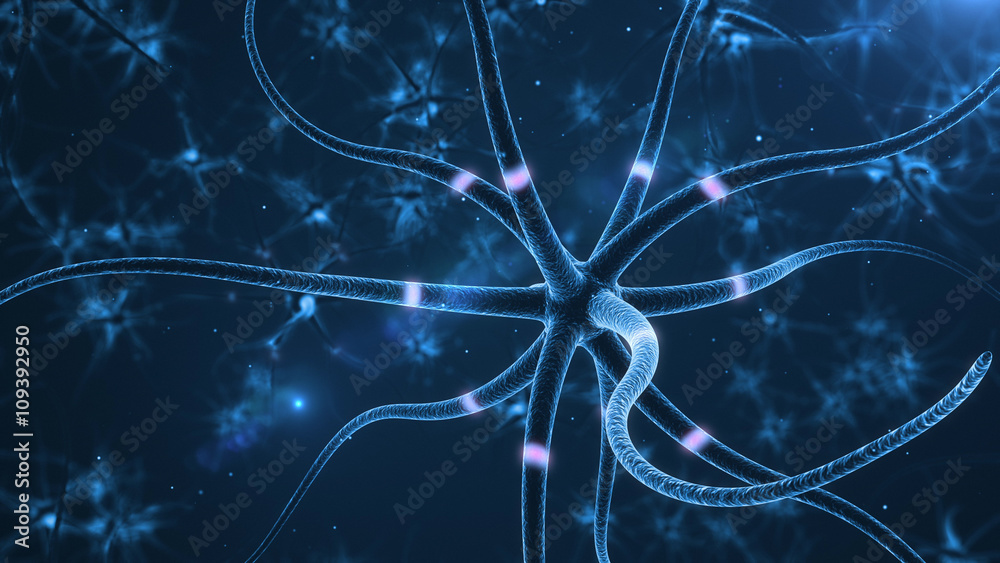 Fototapete neurons abstract blue background - 3d rendered close up of an active nerve cell.