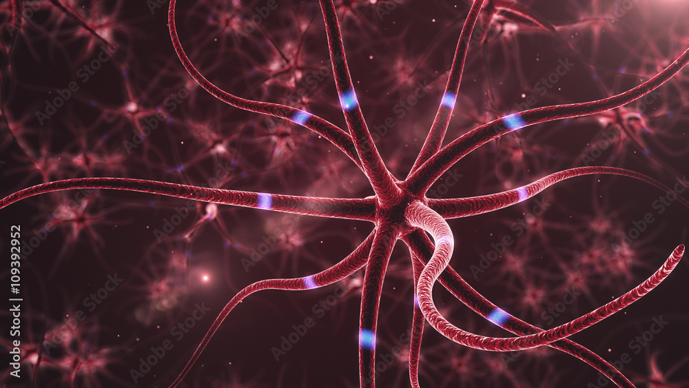 Fototapete neurons abstract red background - 3d rendered close up of an active nerve cell.