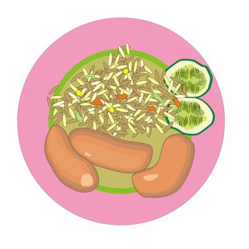 smoked sausage with fried rice and vegetables on a round plate