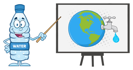 Water Plastic Bottle Cartoon Mascot Character Using A Pointer Stick By A Board With Earth Globe With Water Faucet And Drop