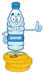 Smiling Water Plastic Bottle Cartoon Mascot Character Giving A Thumb Up And Standing On Coins