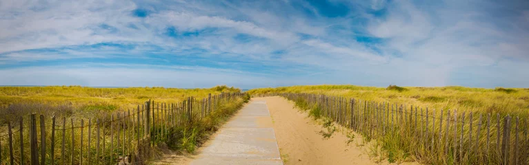 Papier Peint photo Lavable Mer du Nord, Pays-Bas Summer holiday panoramic sea beach background. Path to the beach with beautiful sky and grass.