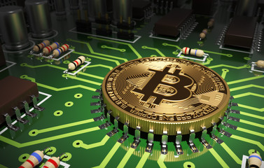 Concept Of Bitcoin Like A Computer Chip On Motherboard