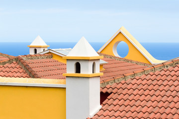 Yellow triangular or circular roof. Modern architecture, Spain. 