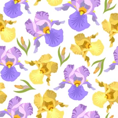 Gordijnen Beautiful seamless pattern with yellow and purple flowers irises on a white background. © Shalyapina
