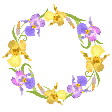 Round frame, wreath of purple and yellow iris