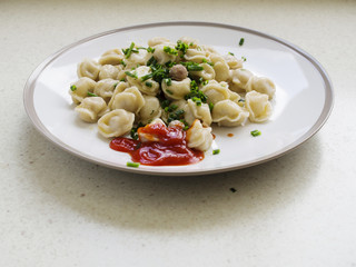 Meat dumplings on a plate with tomato ketchup and chopped chives,  