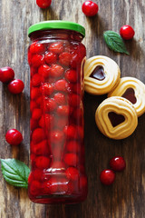 Glass jar with preserved cherries