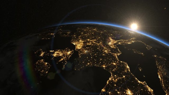 Sunrise over Europe. The European states from space. Clip contains earth, europe, sunrise, space, map, globe, satellite, planet, european, european union. Images from NASA.