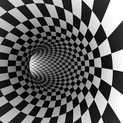 Abstract checkered round tunnel 3D render background.