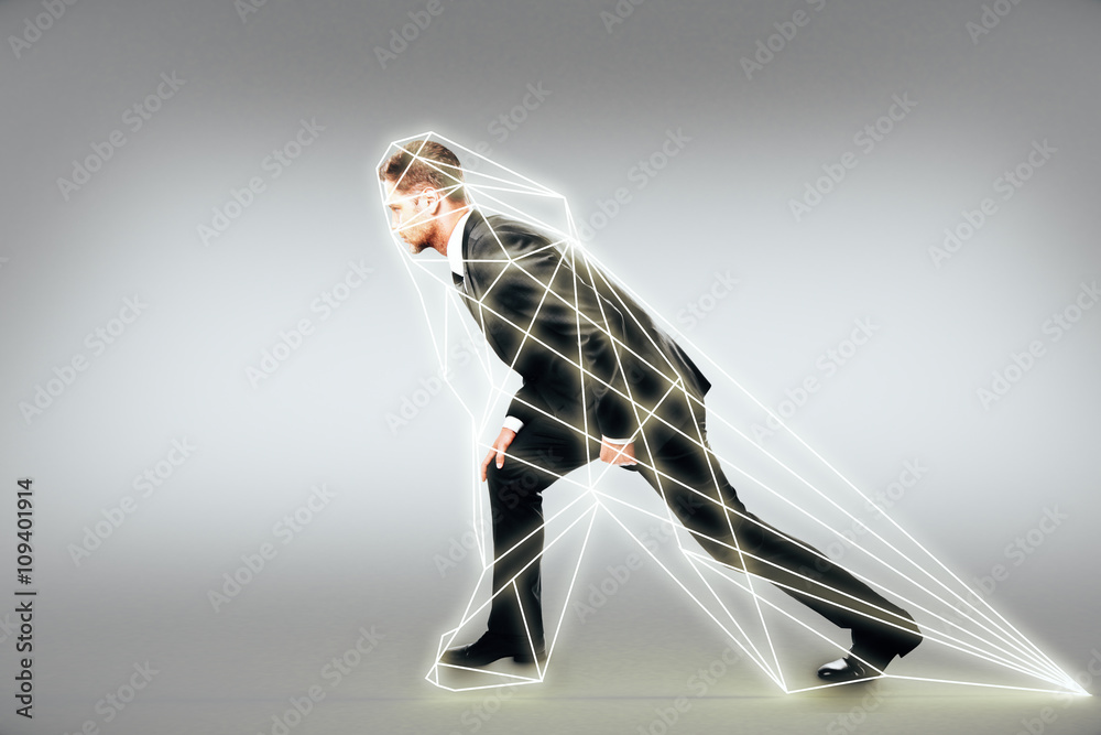 Poster Man prepares to run in a digital interface