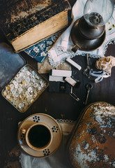 Morning coffee with vintage sewing props for handmade