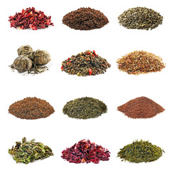 Assortment of dry tea, isolated on white
