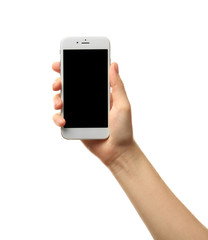 Female hand holding a smartphone on white background