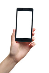 Female hand holding a smartphone on white background