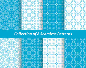 Collection of 8 geometric seamless pattern. Vector illustration