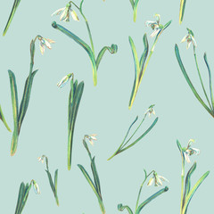 Seamless pattern with pastel snowdrop flowers