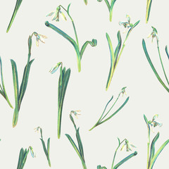Fototapeta na wymiar Seamless pattern with pastel snowdrop flowers