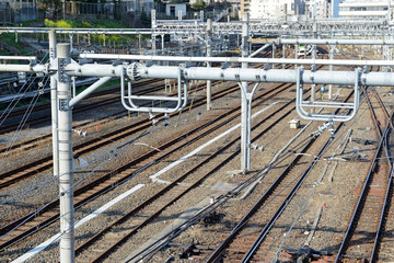 Obraz premium Rail tracks where Passenger Trains travel in Ueno Station in Tokyo, Japan