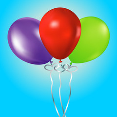 Hand holds colorful balloons illustration on blue