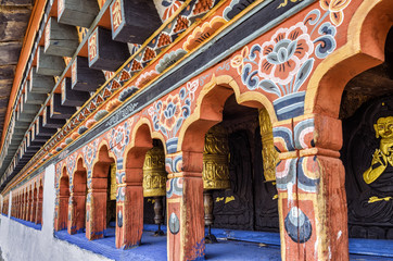Bhutanese buddism praying wheels at Chimi Lhakang Monastery, Punakha, Bhutan