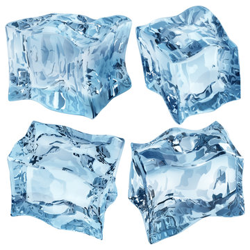 Set of four transparent ice cubes in light blue colors