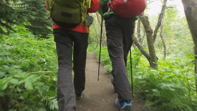 Hiking people walking on forest path with hiking poles. Hiker shoes and boots closeup. Hiker couple on trek hike in the woods. Woman and man lower section close up outdoors living healthy lifestyle. 