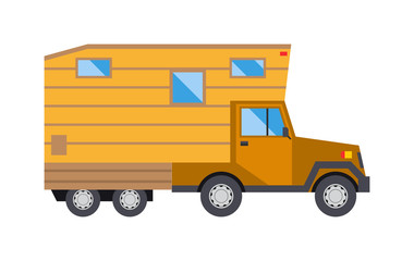 Family traveler truck summer trip concept caravan car house vector. 