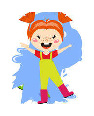 Adorable girl puddle at rainy day springtime jump water pink boots character vector. 