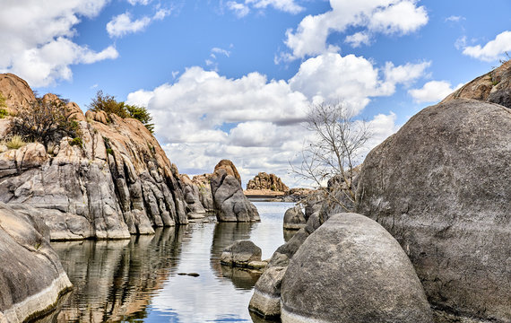 granite mountain lake scenic inlet at drought water level