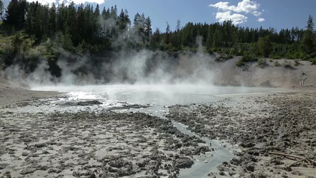 Wide shot of Mud Caldron hot spring in Yellowstone National Park, with steam rising from the water.
