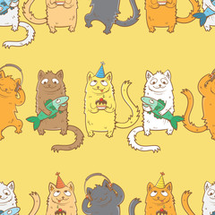 Seamless pattern with cute cartoon cats  on  yellow  background. Children's illustration.  Vector image.