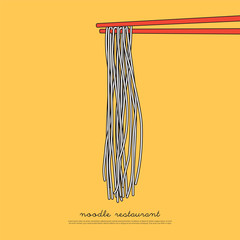 Noodle Asian food into chopsticks, menu poster, vector 