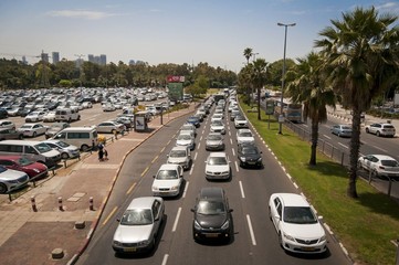 Heavy traffic in the central Tel Aviv (Rokach street). Israel, April 2016.