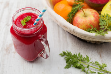 Vegetable and fruit cocktail, served in a jar, with fresh beets,