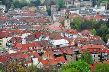 Fototapeta na wymiar Panorama of Stuttgart, Baden-Wuerttemberg, Germany. Lots of red tiled roofs in perspective.