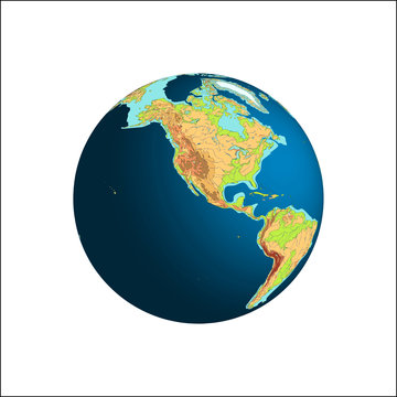 World Globe. Planet Earth. Western hemispheres. New World. South America and North America. Caribbean sea. Vector illustration. Isolated on white