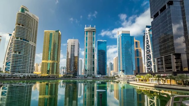Residential buildings in Jumeirah Lake Towers timelapse hyperlapse in Dubai, UAE. 
