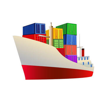 Cargo ship loaded with containers, vector illustration, isolated on white