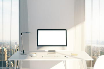 Fototapeta na wymiar Workplace with white computer screen