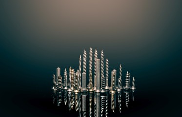Various screws on end point upward to resemble a cityscape skyline. - obrazy, fototapety, plakaty