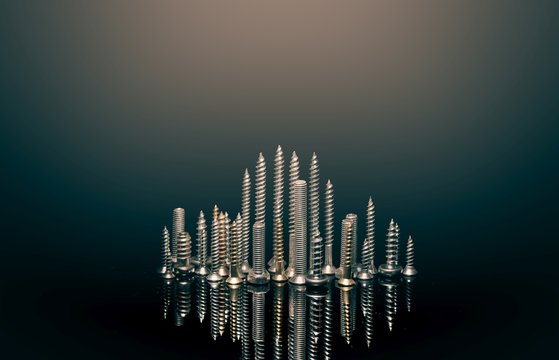 Various screws on end point upward to resemble a cityscape skyline.