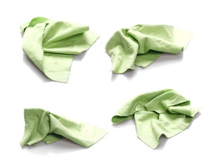 set crumpled green microfiber cloth isolated on white background