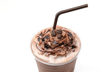 Iced chocolate with coffee bean in takeaway cup on white backgro