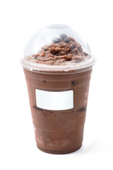 Iced chocolate with coffee bean in takeaway cup on white backgro